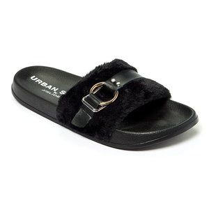 J/Slides Black Buckle Up Slides Sandals sz 8